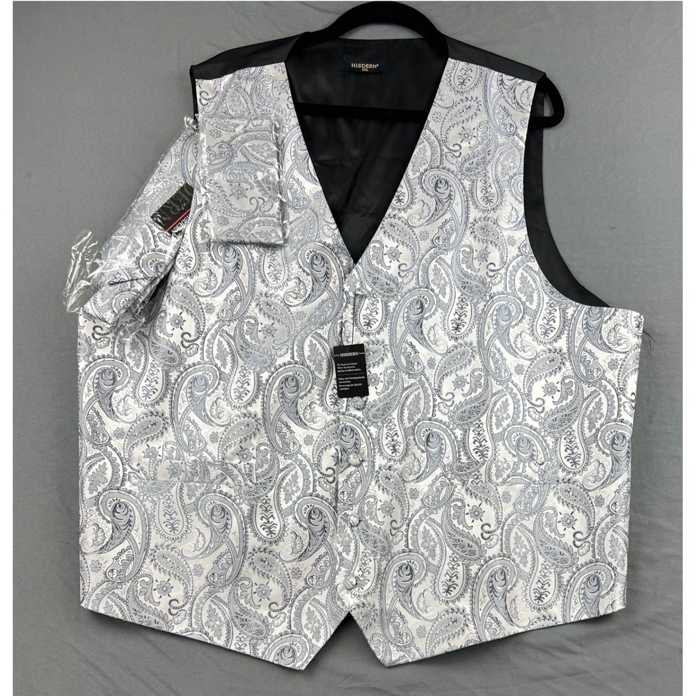 Hisdern Paisley Vest Set Men 3X Silver Blue NWT Formal Wedding Tie Pocket Square